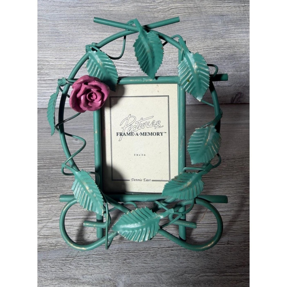 Vtg 90's Pink Rose Green Vines Leaves Dennis East Metal 2.5"x 3.5" Picture Frame